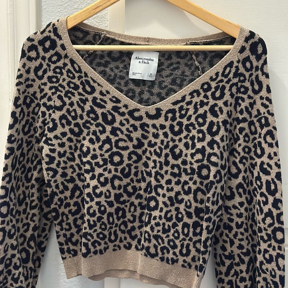 Abercrombie & Fitch Animal Print V-Neck Sweater - Black and Tan